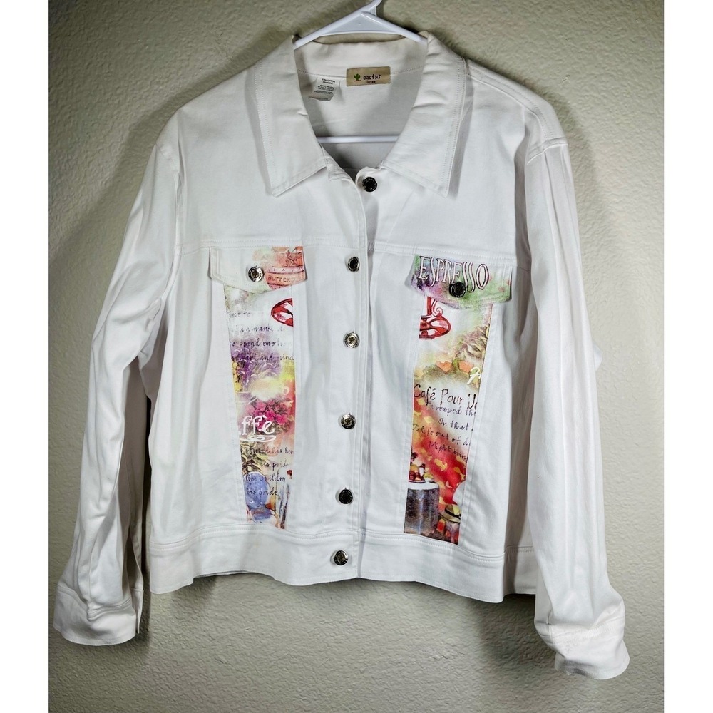 Cactus White Coffee Graphic Art Jacket Womens Large Button Front Denim Jean